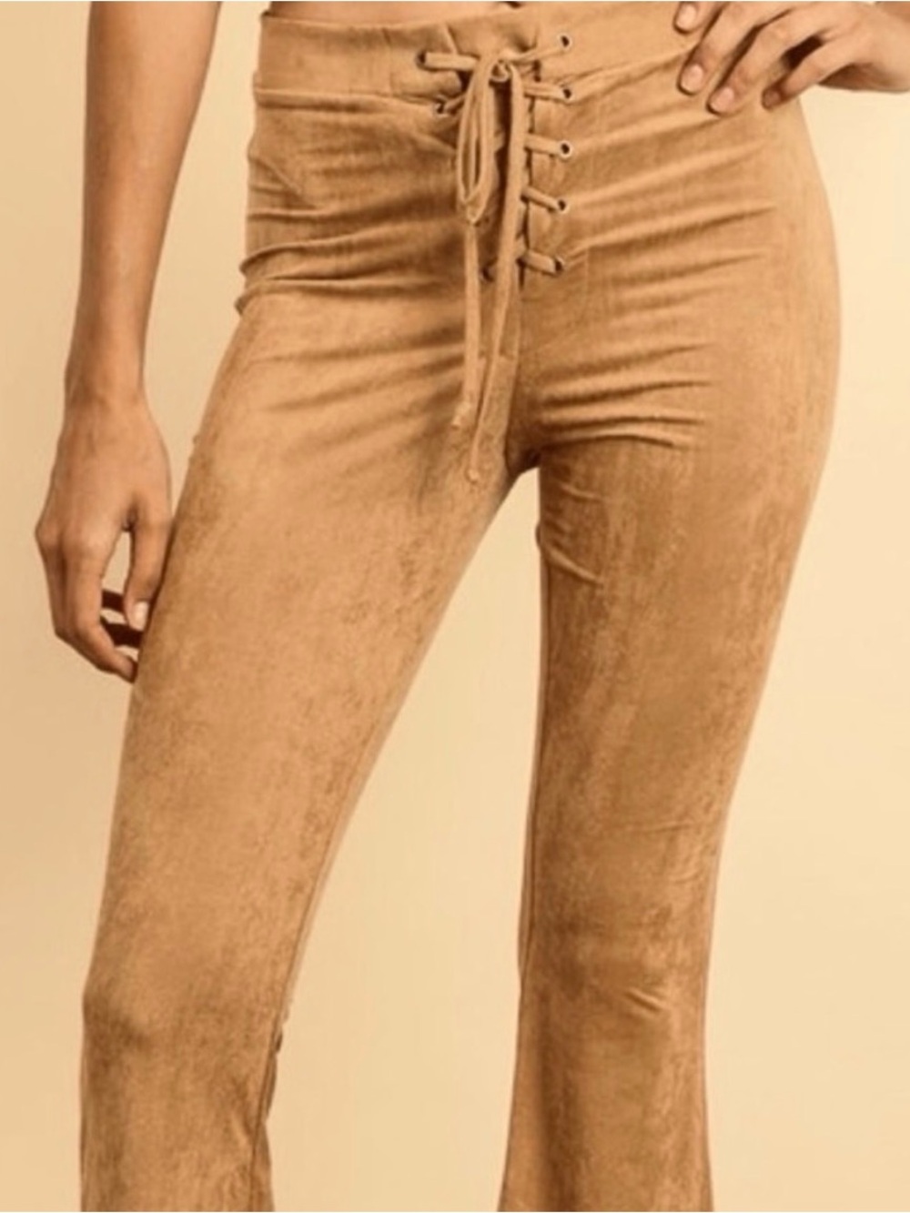 Lace-Up Suede-Effect Flare Pants - Tan